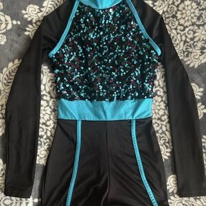 Kids Dance Costume - Black & Teal Sequin Leotard